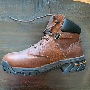 Timberland Men's Brown Leather Boots with Black and Orange Details